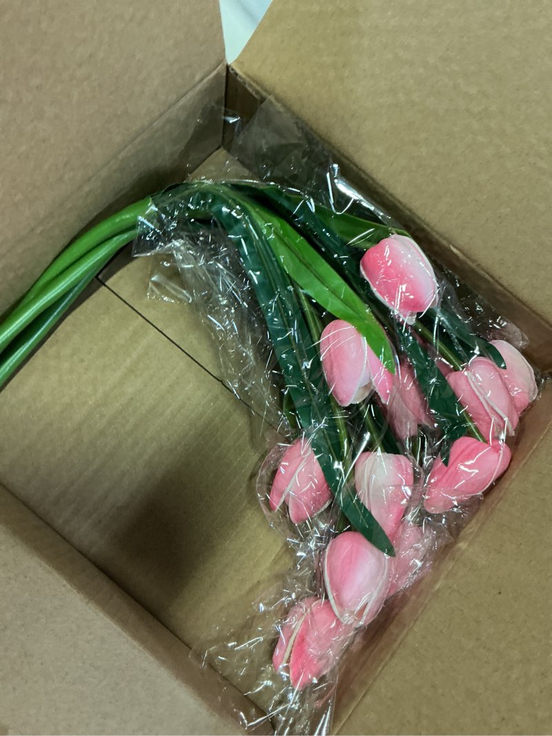 Condition photo showing New/Like New for homsunny 18.9 "large pink simulation tulip faux flowers, 15-piece pack. perfect for spring weddings, valentine's day, easter, mother's day, and elegant home and table vase arrangements. pink 15 flowers 15