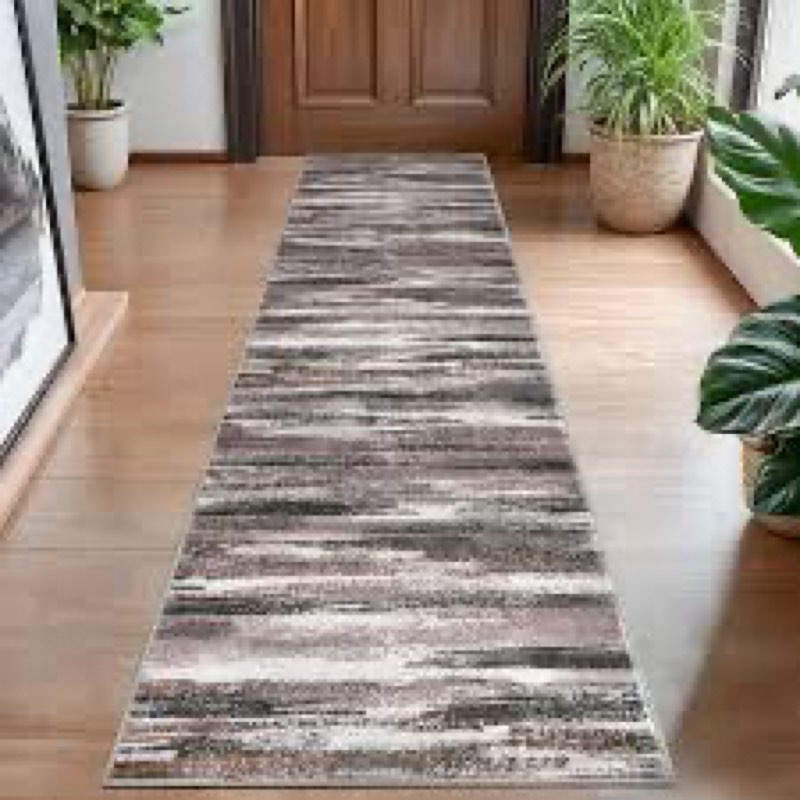 Lansny Modern Abstract Runner Rug 3x10, Dark Light Brown White Washable Kitchen Runner Non-Slip Soft