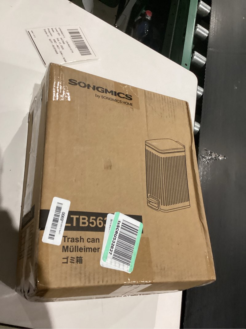 Condition photo showing As Is for SONGMICS Bathroom Trash Can, 1.6-Gallon (6 L) Trash Bin with Lid, Slim for Small Spaces, Stainless Steel Garbage Can, Soft Close, Black ULTB563B02 Black 1.6 Gal.