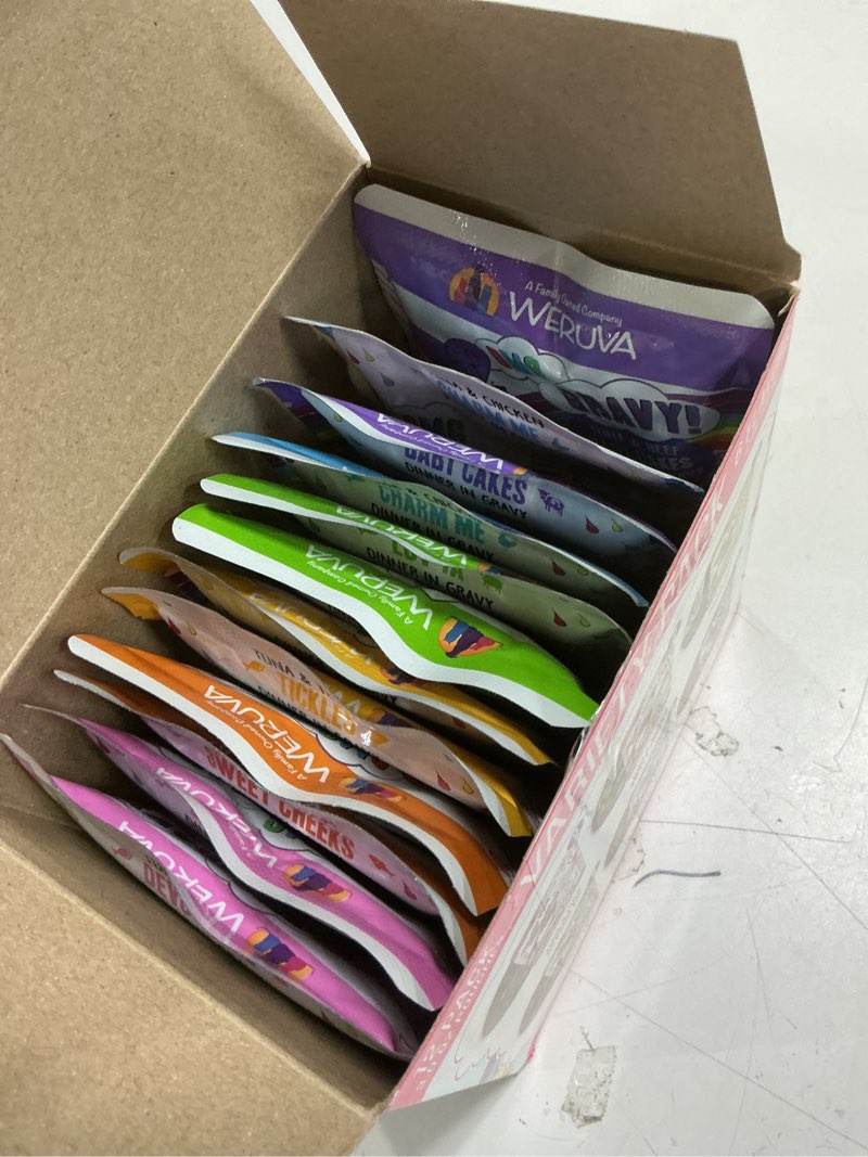 Condition photo showing New/Like New for (BBE :07/21/2027) Weruva B.F.F. OMG - Best Feline Friend Oh My Gravy!, Rainbow A Gogo Variety Pack! Cat Food, 3oz Pouch (Pack of 12) Rainbow A Gogo Variety Pack 0.08 Ounce (Pack of 12)