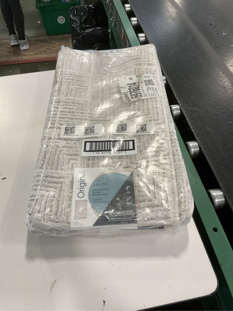 Condition photo showing New/Like New for 100+ bought last week Origin 21 with STAINMASTER Symmetrical Sands 2 x 3 (ft) Loomed Polyester Beige Rectangular Indoor