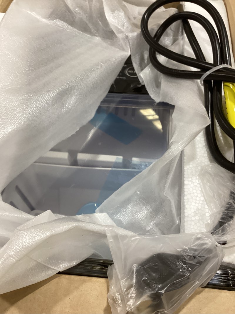 Condition photo showing Good Condition for NEWBULIG Ice Makers Countertop with Handle, Portable Ice Machine, 9 Bullet Cubes in 6 Mins, 26lbs in 24Hrs, Auto-Cleaning, with Basket and Scoop, for Home, Kitchen, RV, Camping, Black Black Handle 12.5"*11.6"*8.8"