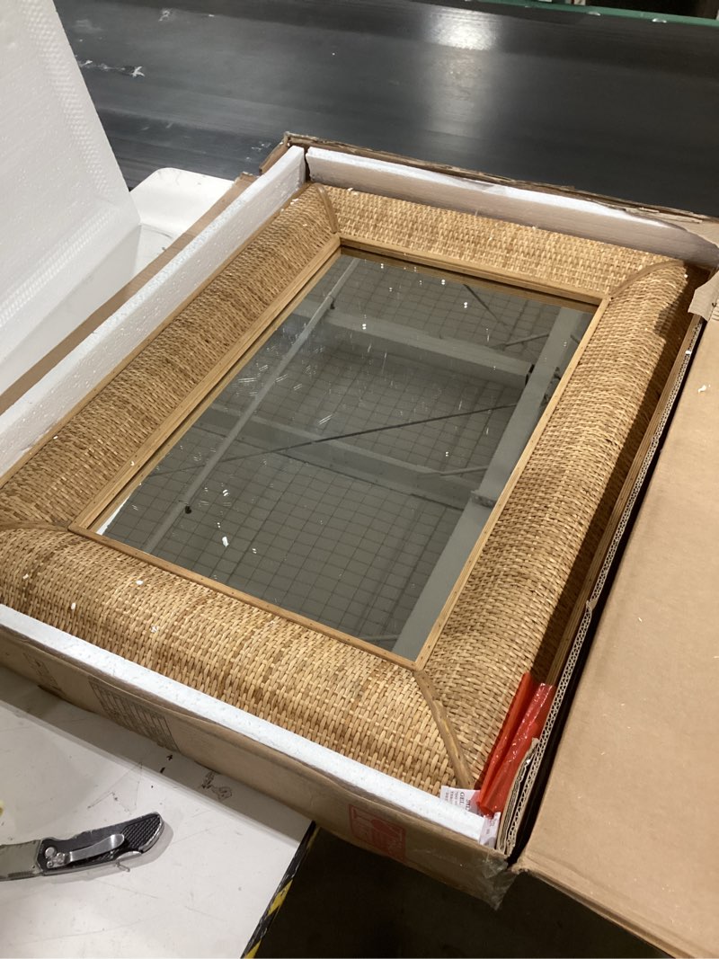 Condition photo showing As Is for Boho Rattan Wall Mirror Wooden Framed Rectangle Mirror Rattan Decorative Farmhouse Hanging Mirror for Bathroom Vanity Entryway Living Room Home Wall Decor - 23.82" x 1.78" x 31.5"