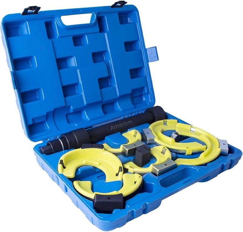 macpherson strut spring compressor kit, heavy duty interchangeable fork coil extractor tool set for auto suspension repair, includes 3 pairs of jaws (65-212mm)