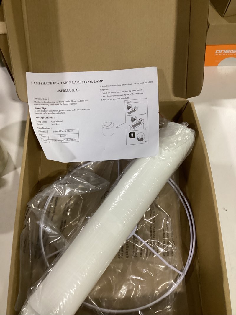 Condition photo showing As Is for white linen tall drum lampshade, 10" top x 10" bottom x 13" high lamp shade, lamp shade replacement for table and floor lamps, pendant light, handcrafted lampshade, easy assembly