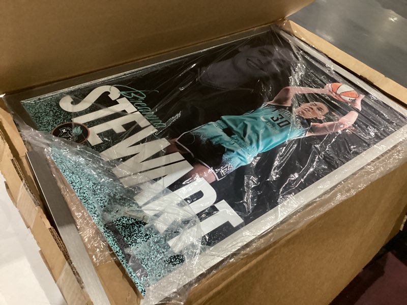 Condition photo showing As Is for wnba new york liberty - breanna stewart 25 wall poster, 34l" x 22.4w", barnwood framed version barnwood framed version 34"l x 22.4"w