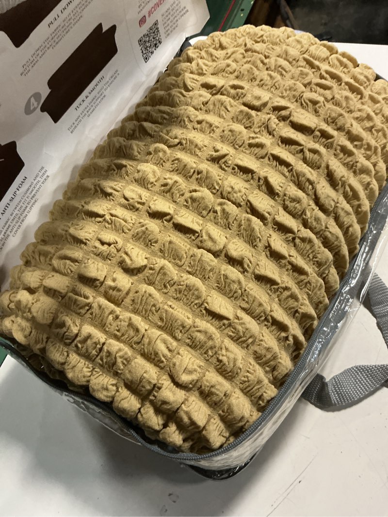 Condition photo showing Good Condition for ?over queen couch cover, sofa slipcover for 3 cushion couch, washable furniture protector, high stretch fabric, pet friendly for dogs and cats, gallant, beige