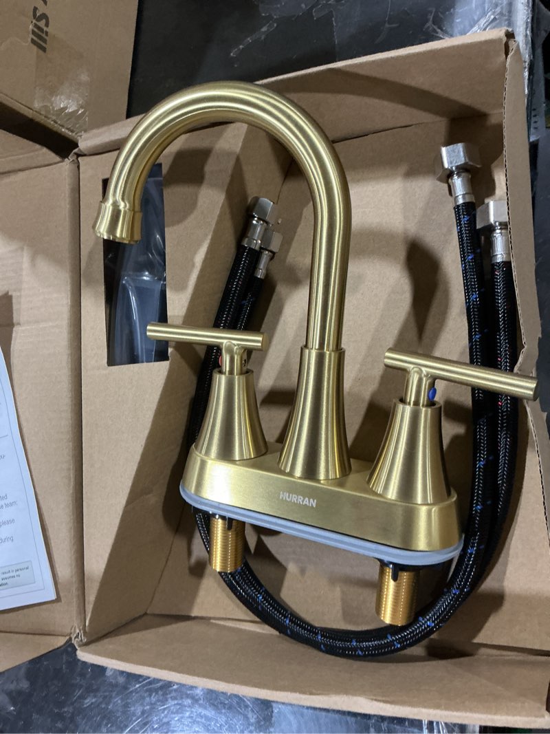 Condition photo showing Good Condition for 4 inch brushed gold bathroom sink faucet with pop-up drain and 2 supply hoses, stainless steel lead-free 2-handle centerset faucet for bathroom sink vanity rv