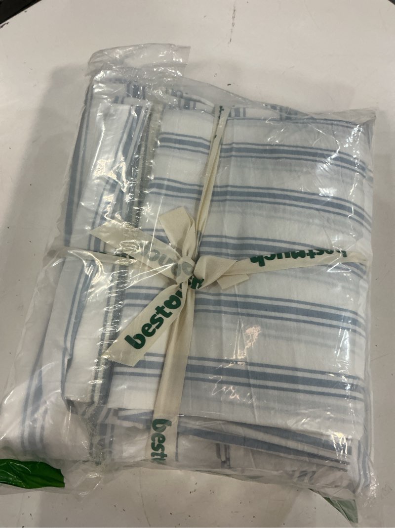 Condition photo showing New/Like New for bestouch duvet cover set 100% washed cotton linen feel super soft comfortable chic lightweight 3 pcs home bedding set white & cornflower blue stripes king stripes - white/ cornflower blue (no comforter) king (104\" x 90\")