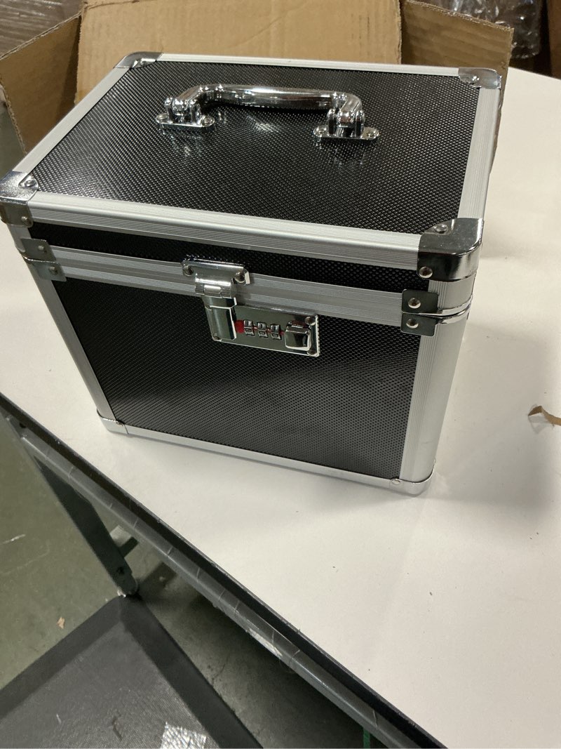 Condition photo showing New/Like New for lock box with code, Large Lock Box for Storing Medications & Valuables with Code, 10x8x7.25 Inch Aluminum Alloy Locked Storage Box Black