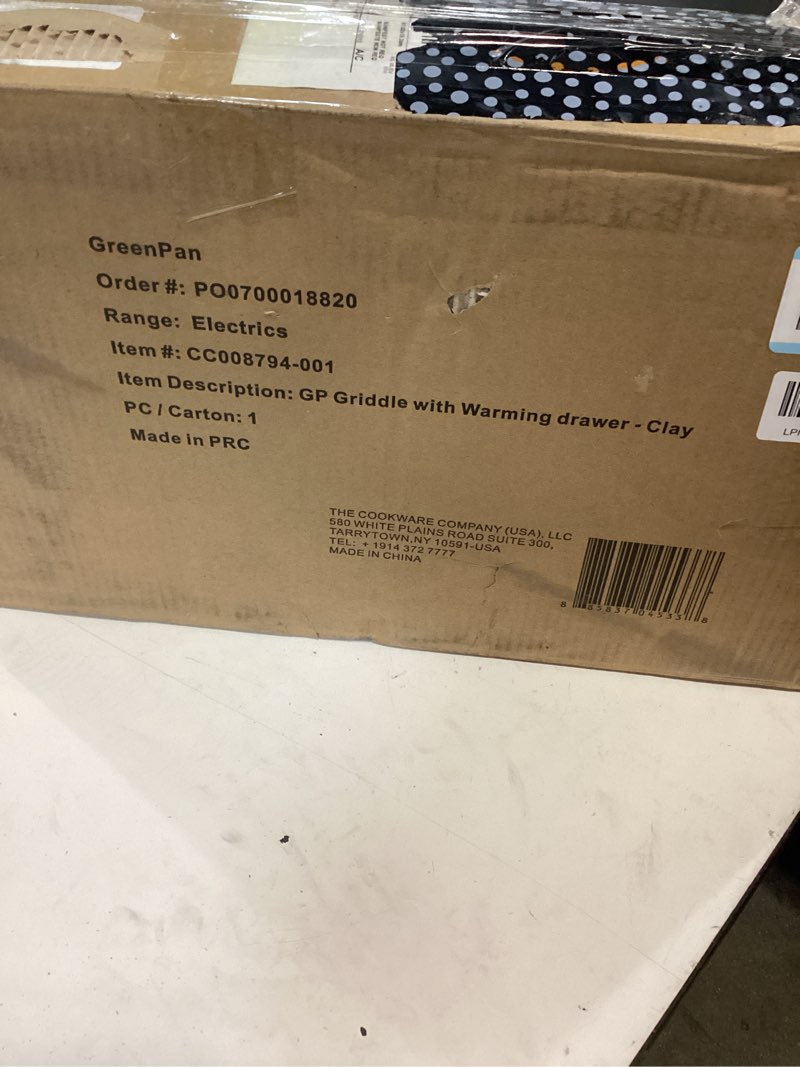 Condition photo showing New/Like New for greenpan advanced 10.5”x 20” electric griddle with warming drawer, healthy ceramic nonstick pfas-free coating, temperature control, easy and versatile countertop meals, dishwasher safe, clay 10.5" x 20" electric griddle clay
