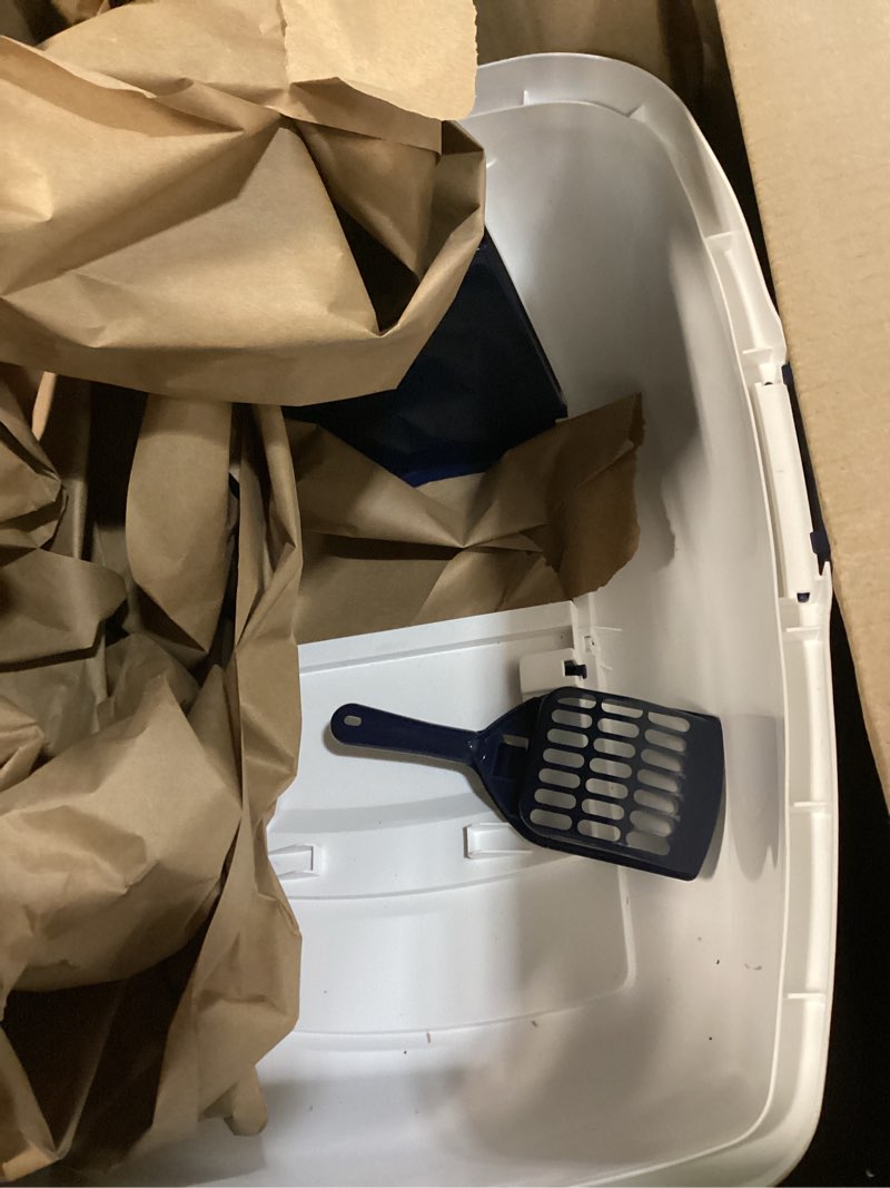 Condition photo showing As Is for iris usa cat litter box large with front door flap, covered enclosed litter box enclosure with scoop, handle & buckles for portability & privacy, hidden litter pan, navy jumbo enclosed navy