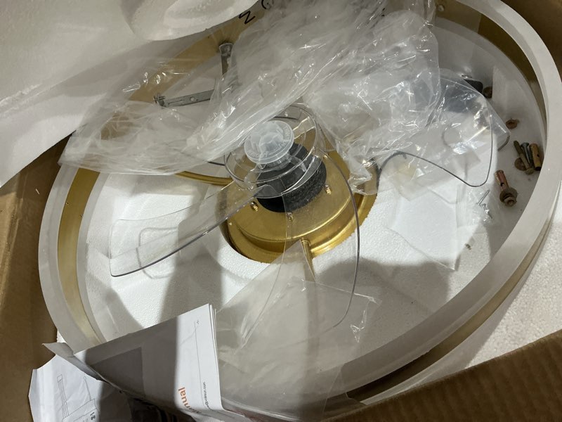 Condition photo showing As Is for volisun low profile ceiling fans with lights and remote, 19.7in flush mount ceiling fans with light, 3000k-6500k dimmable fandelier led fan light, gold bladeless ceiling fans with lights for bedroom gold 19.7 inch