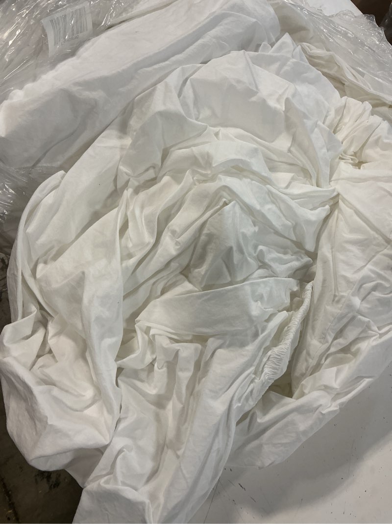 Condition photo showing As Is for organic brushed cotton sheet set, queen, white