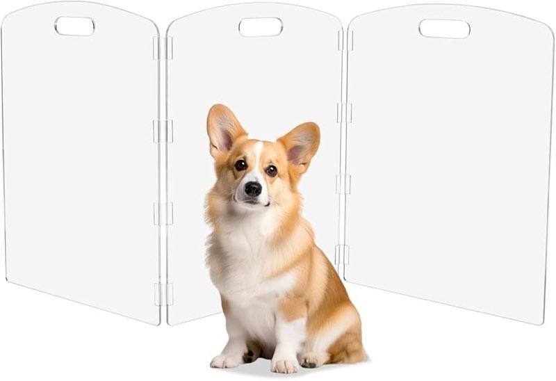 modern frame clear acrylic freestanding pet gate -  folding -panel dog barrier for doorways, stairs & large openings, indoor fence for dogs, puppies & cats
