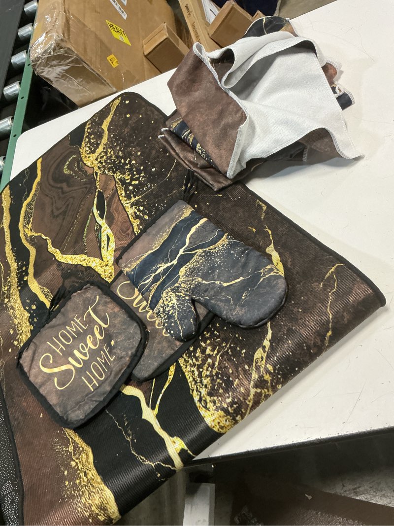 Condition photo showing As Is for leinuosen 8 pcs marble themed kitchen towels and dishcloths sets oven mitts and pot holders sets absorbent kitchen gloves potholders heat resistant for chef baking cooking (black)