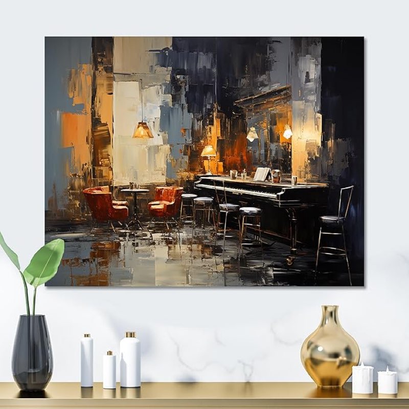 DesignQ Jazz Cafe Atmosphere with Vintage Piano Sonata IV Music Jazz Metal Wall Art, Yellow Metal Wall Decor, Traditional Metal Art Decor For Living Room - 24x32Inch
