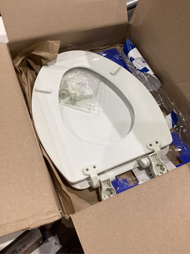 Condition photo showing As Is for Mayfair Sculptured Rainfall Slow Close Toilet Seat, Easy Clean Hinges with Durable Wood Seat, Made in USA, Elongated, White Elongated Rainfall
