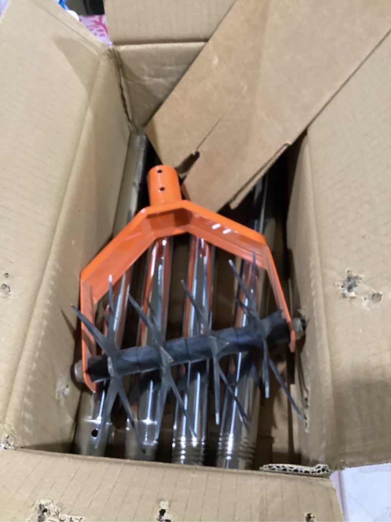 Condition photo showing As Is for 67-inch garden cultivator with tempered spring steel tines, adjustable stainless steel handle, manual rotary design for soil loosening orange