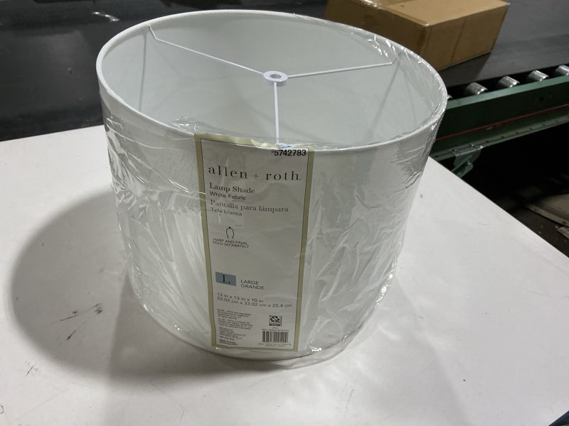 Condition photo showing As Is for allen + roth 10-in x 13-in White Fabric Drum Lamp Shade