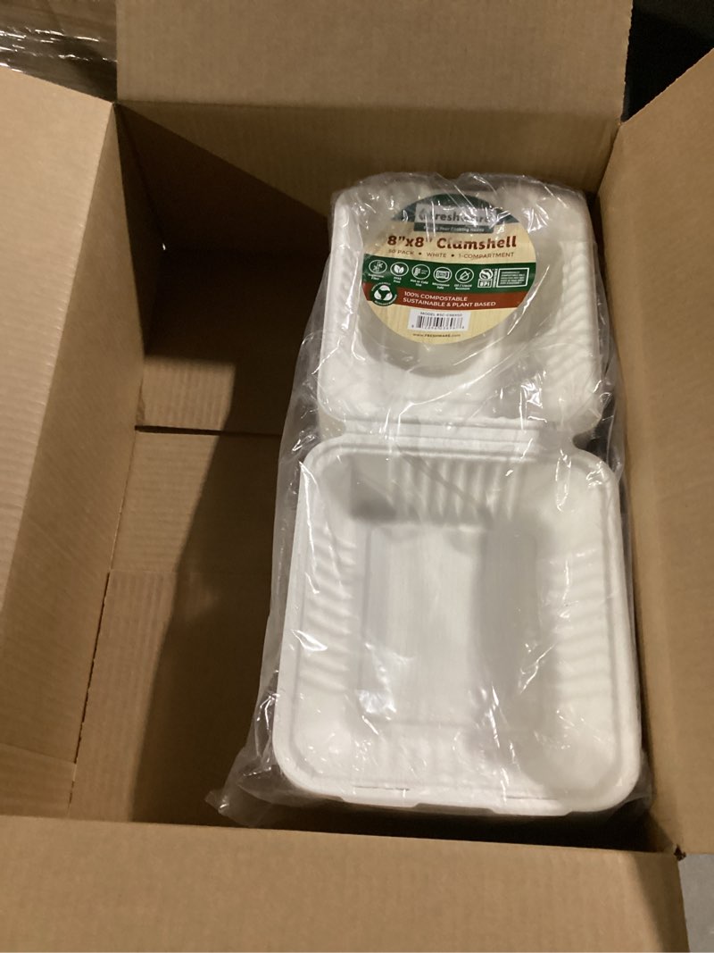 Condition photo showing Good Condition for Freshware Compostable Clamshell Food Containers - 8x8" 50-Pack, Biodegradable Sugarcane To Go Boxes, Heavy Duty Paper Container - Microwave & Freezer Safe, Stackable 8 x 8 Inch 50.0