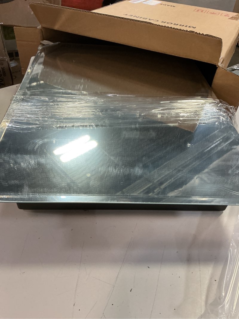 Condition photo showing Good Condition for black plastic bathroom medicine mirror cabinet 16 x 22 inch, surface and recessed mount, beveled edge mirror black 16x22 inch beveled edge mirror
