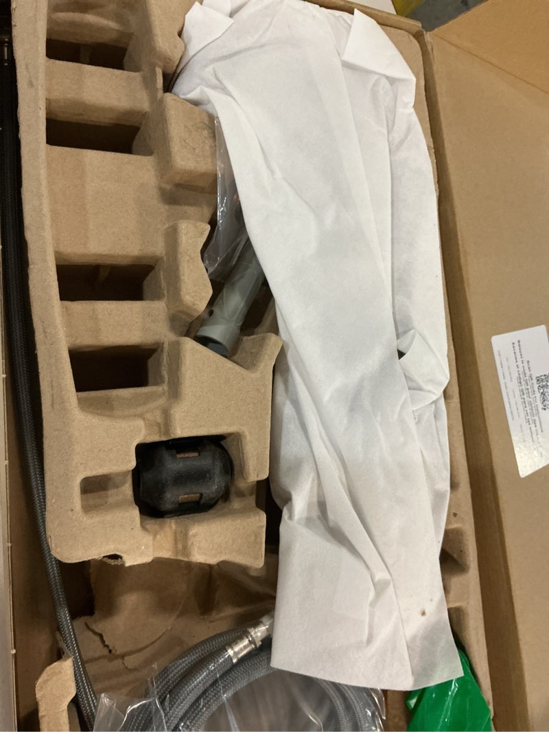 Condition photo showing As Is for Moen Riley Spot Resist Stainless One-Handle Modern Pulldown Kitchen Faucet Featuring Power Clean and Reflex Docking System for the Spray Head, 7402SRS Standard Spot Resist Stainless