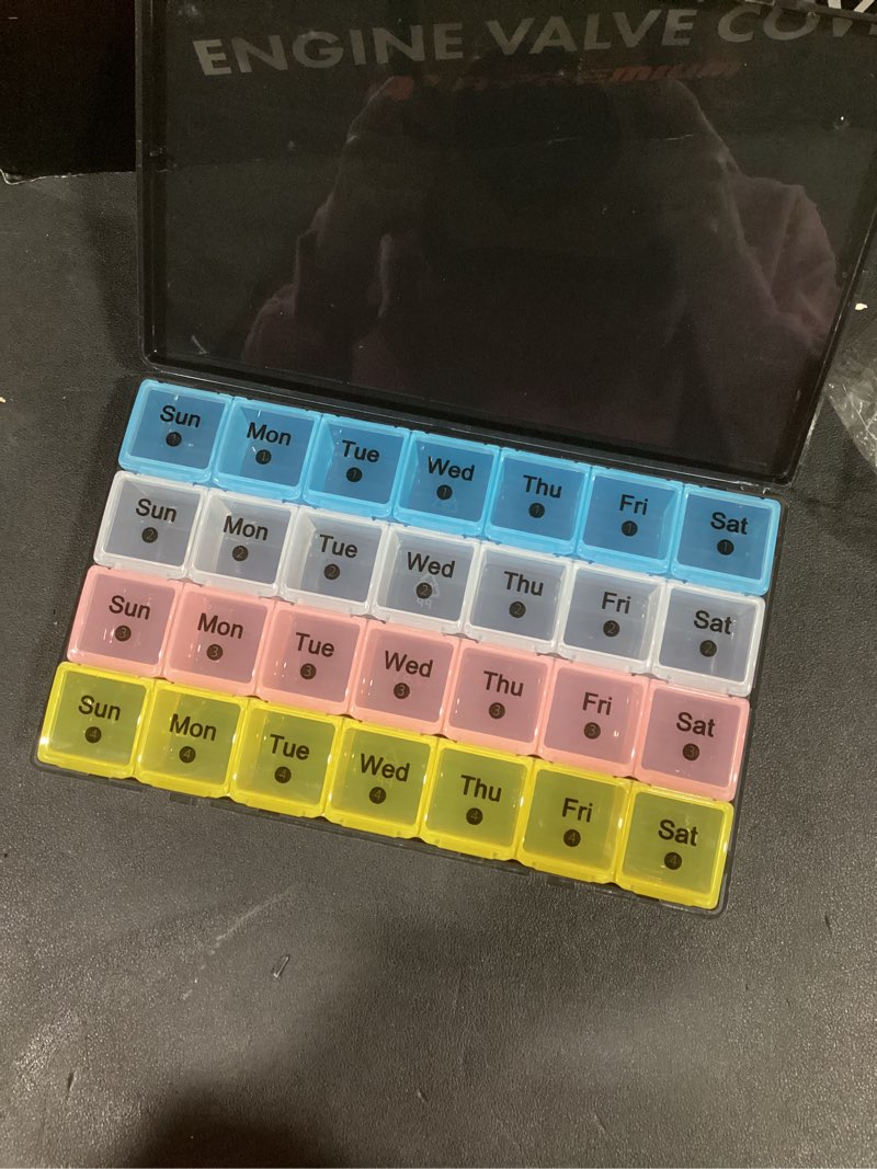 Condition photo showing Good Condition for Monthly Pill Organizer 28 Day, 4 Weeks Pill Box 7 Day, XL Weekly Medicine Organizer for Vitamins, Fish Oil, Supplements (Multicolor+Black)