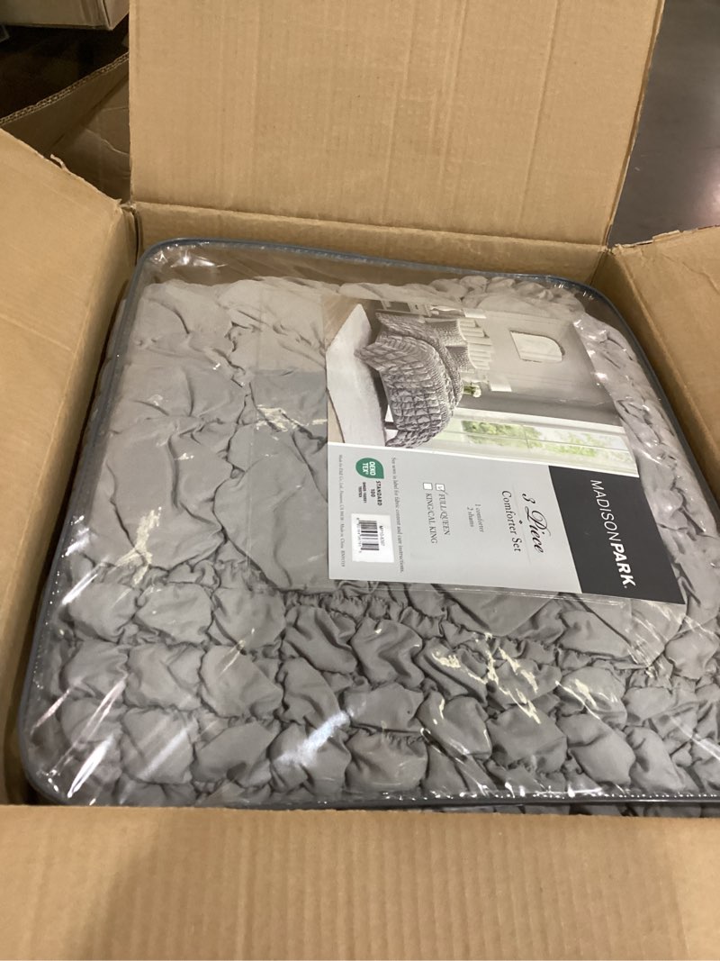 Condition photo showing Good Condition for madison park queen comforter set ruched queen bedding set, elastic embroidery comforters queen size, all season, microfiber queen size comforters, matching shams, evelyn, full/queen, grey 3 piece full/queen grey