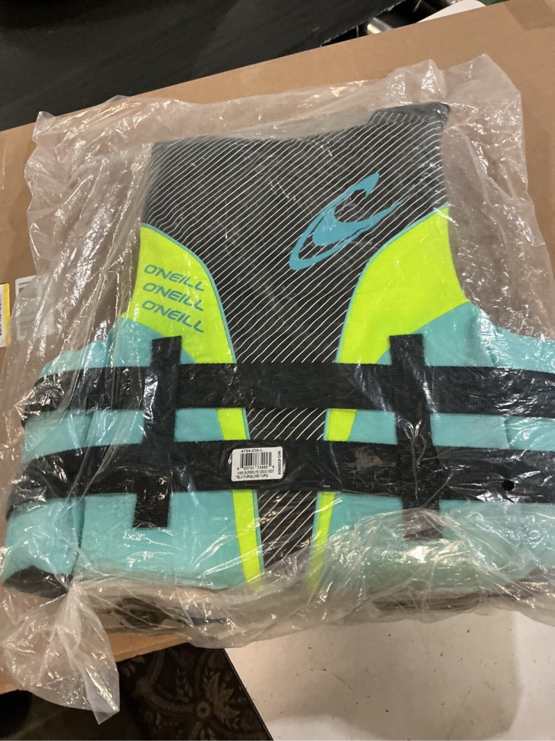 Condition photo showing New/Like New for o’neill women’s superlite uscg approved life vest – lightweight women’s life jacket for boating, wakeboarding, waterskiing & your favorite water activities black/turquoise/lime:turquoise large vest