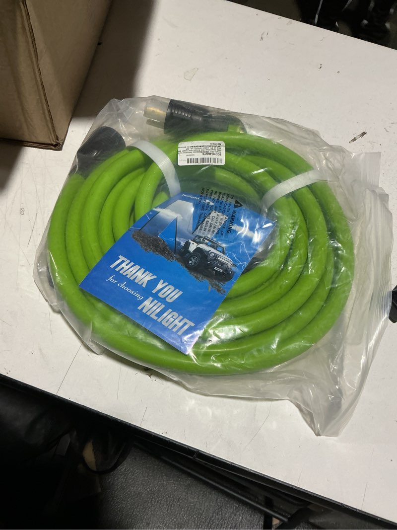 Condition photo showing Good Condition for Nilight 25FT 30Amp Generator Extension Cord 125V Heavy Duty 10/3 Gauge Pure Copper STW Wire UL ETL Listed 4 Prong L14-30P L14-30R Weatherproof Suit for Camper Outdoor Use Bright Green 30Amp 4Prong Twist Lock Green 25FT