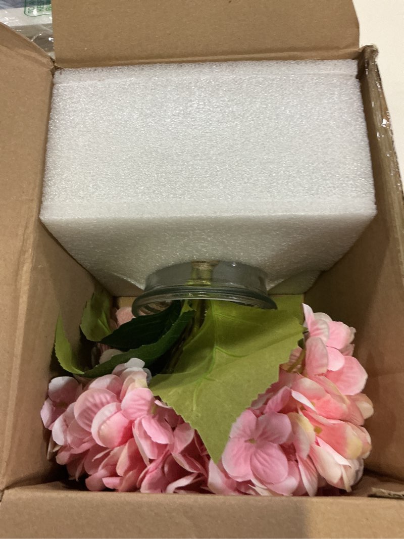 Condition photo showing Good Condition for hollyone hydrangea artificial flowers with glass vase pink silk faux flowers arrangements with clear faux water fake floral bulk bouquet for home decor table centerpiece decorations hydrangea, pink