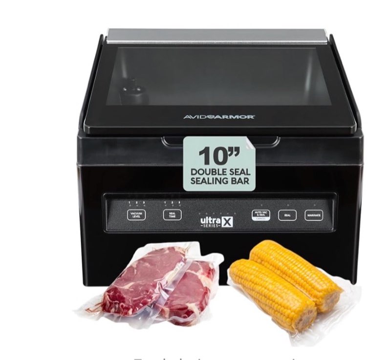 avid armor chamber vacuum sealer machine usvx ultra series 10" seal bar for liquid-rich wet foods, cooking sous vide, infusions. compact size vacuum chamber sealer black color great for the countertop