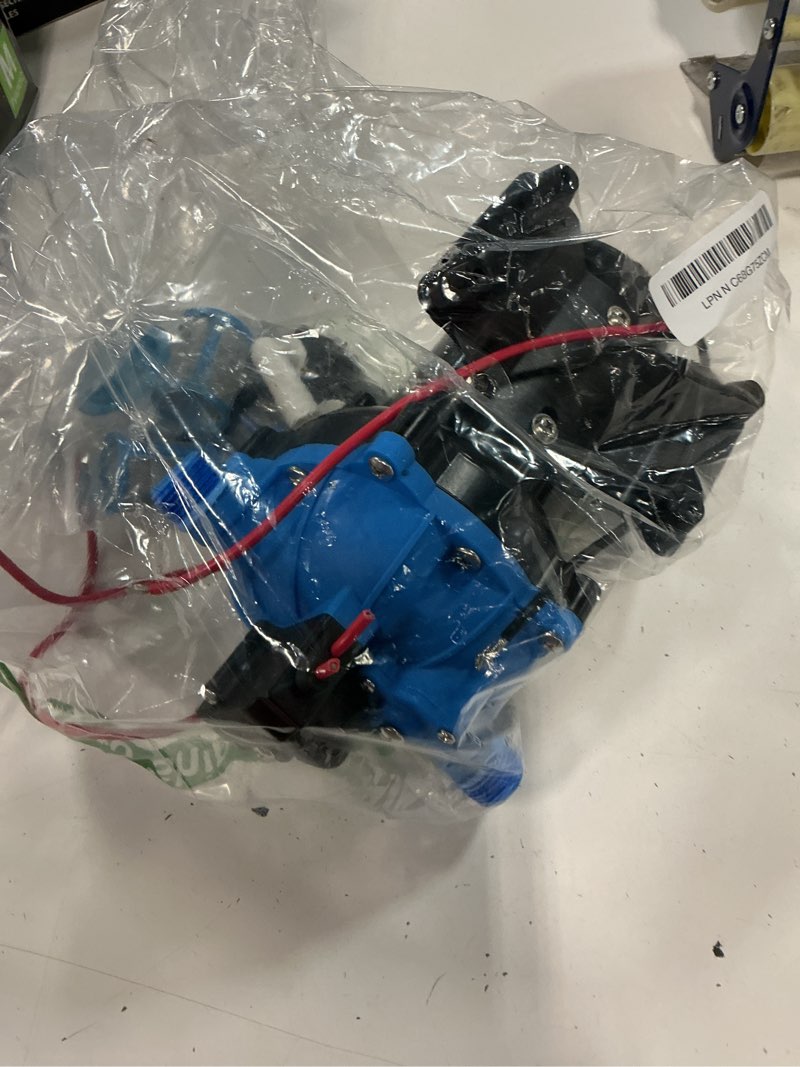 Condition photo showing As Is for 12v rv water pump, 7.5gpm 80psi 5-chamber diaphragm pump, self-priming with heavy duty pressure switch & strainer for rv, marine, boat, yacht, caravan, off-grid living