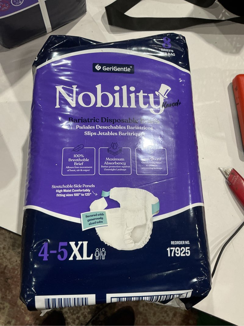 Condition photo showing New/Like New for 4-5xl adult diapers for women and men - 8 bariatric disposable briefs with tabs and stretchable side panels - 100% breathable with maximum absorbency 1 pack