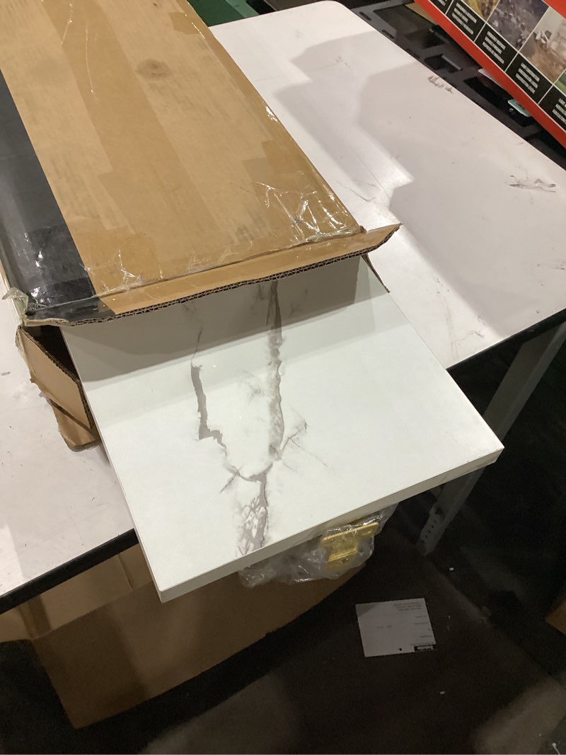 Condition photo showing New/Like New for hoctieon 3 tier console table with open wood shelves, decorative entryway table with curved metal frames, narrow sofa table for entrance, living room, hallway, gold and white marbled gold+white marbled