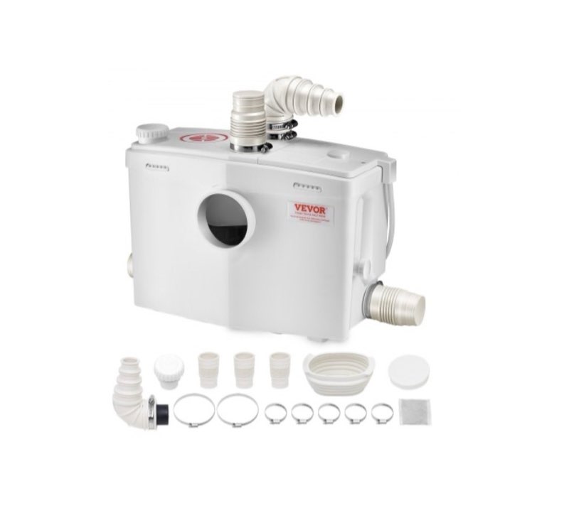 vevor macerator pump, 1200w, 48 gpm flow, 33 ft/10 m head, macerator sewerage toilet pump with 4 water inlets, waste water disposal upflush machine for toilet, basement, shower, sink, laundry, bathtub