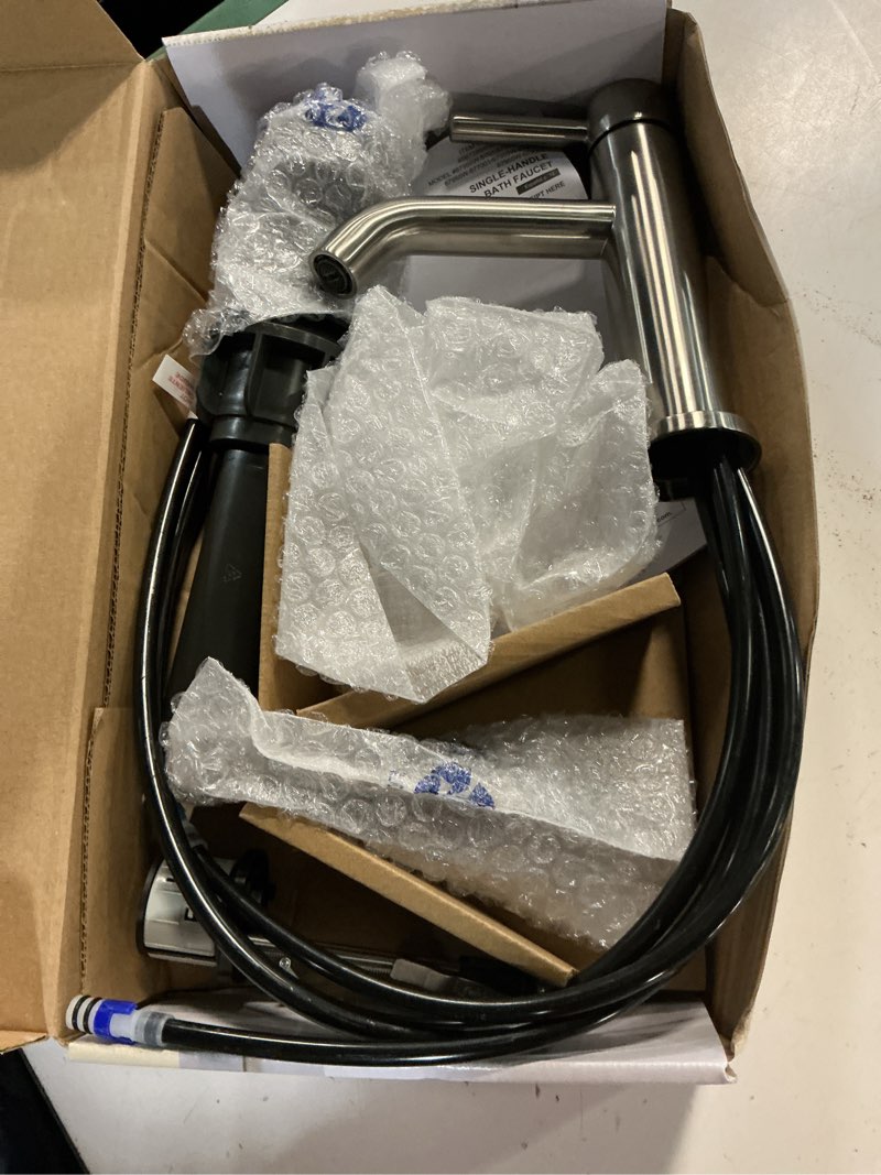 Condition photo showing As Is for allen + roth brushed nickle pvd single hole 1-handle watersense mid-arc residential handle bathroom sink faucet with drain with deck plate