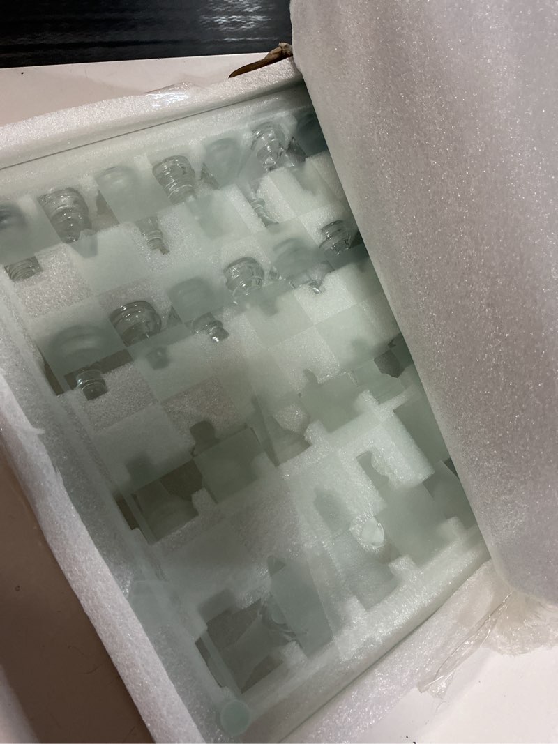 Condition photo showing Good Condition for gamie premium glass chess set, 12 inch - elegant design - durable build - 32 frosted and clear pieces - felted bottoms - easy to carry - stable & fully functional for chess lovers