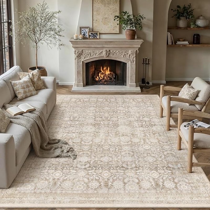 9x12 beige washable area rug for living room bedroom neutral soft floral non slip large throw rug lightweight vintage low pile distressed carpet office playroom dining room home decor 9'x12' beige