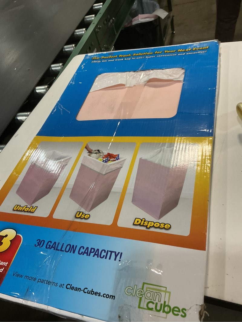 Condition photo showing Good Condition for 30 Gallon Disposable Pop-Up Trash Cans (3-Pack) with Fitted Bags – Foldable Garbage & Recycling Bins for Parties, Events & Kitchen (Pink, 30" H x 14" W x 17" D)