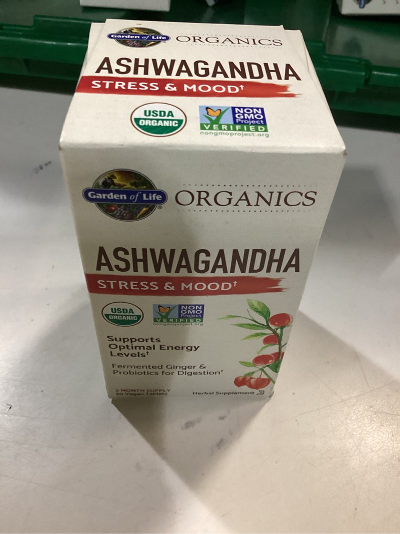 Condition photo showing New/Like New for ((BEST USED BY/03/2026))Garden of Life Organic Ashwagandha Supplement with Probiotics & Ginger - Stress, Mood & Energy Support, Vegan, Gluten Free, Non GMO, 2 Month Supply, 60 Tablets Unflavored 60 Count (Pack of 1)