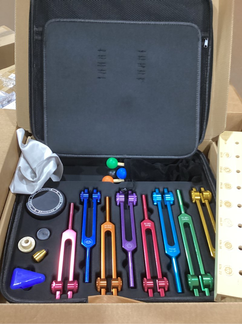 Condition photo showing Good Condition for chakra tuning forks set for healing, 7 chakra+1 soul purpose weighted tuning forks for dna healing, chakra, sound therapy etc, multicolour(126.22 hz, 136.1 hz, 141.27 hz, 172.06 hz etc)