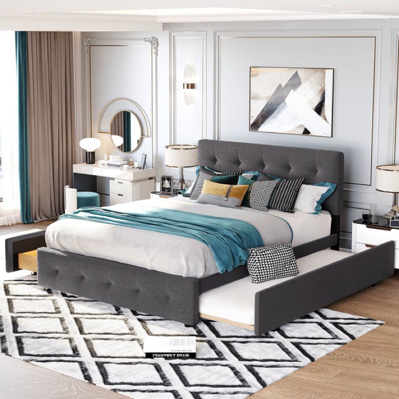 (Incomplete Set, Only Box 1 of 2) Upholstered Platform Bed with 2 Drawers and 1 Twin XL Trundle; Linen Fabric; Queen Size