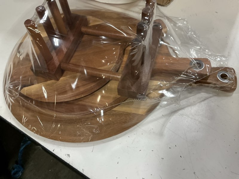 Condition photo showing New/Like New for 3 pack acacia wood cutting board with stand, charcuterie boards for kitchen, round & rectangular wooden cutting board set for cheese, meat, pizza, vegetables, bread(16 x 12 inch)