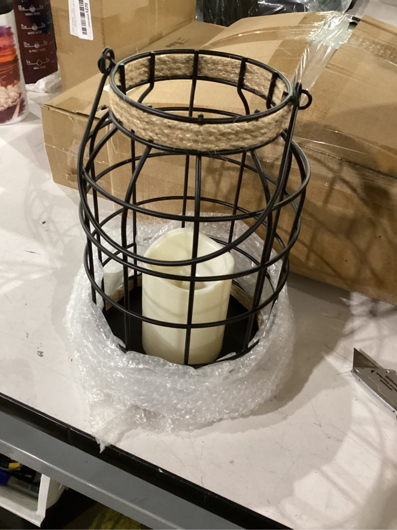 Condition photo showing Good Condition for rustic farmhouse decorative lantern set of 2, boho lanterns with led candles, modern farmhouse indoor outdoor decor for living room patio porch fireplace kitchen dining table centerpiece black