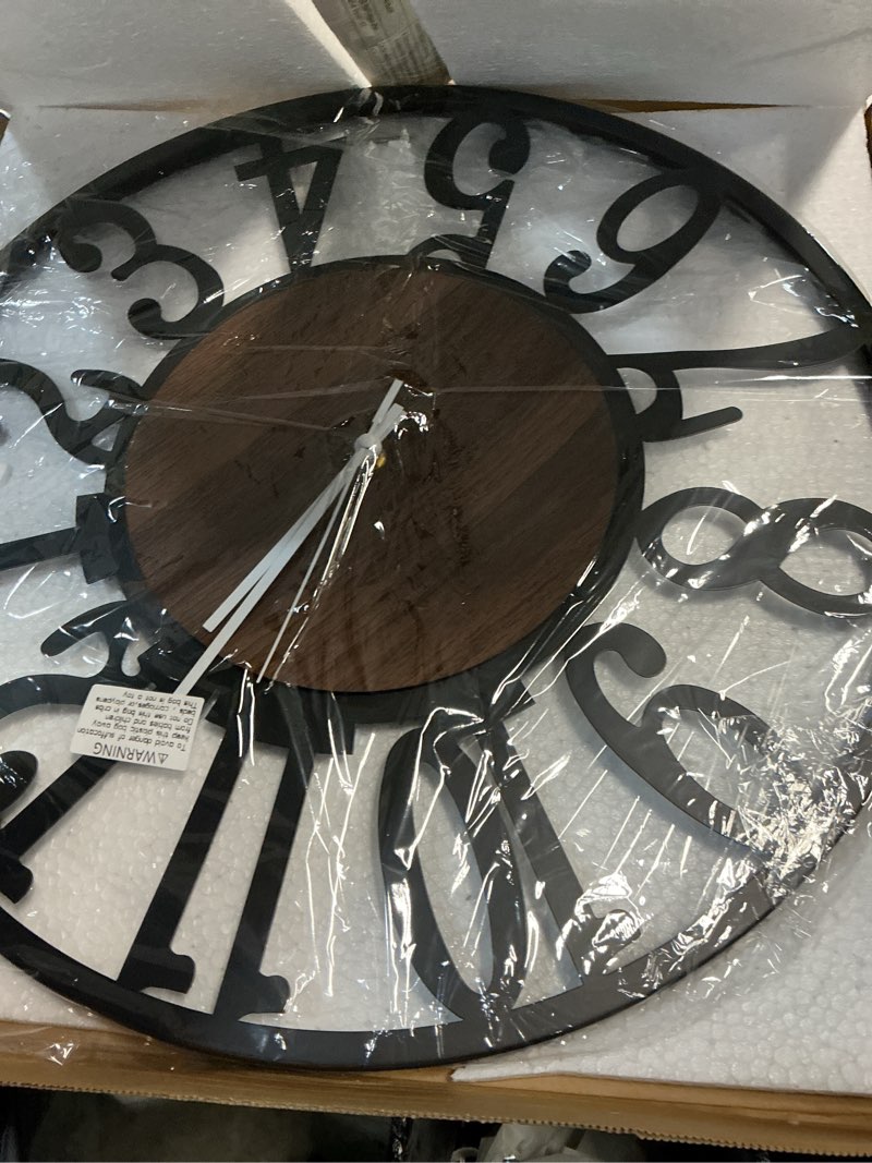 Condition photo showing New/Like New for Maxstar Round Wall Clock for Living Room Decor Battery Operated Non Ticking Silent Vintage Black Metal Wood Clocks for Home Living Room Garden Farmhouse Office Kitchen Decoration -20 inch Black-arabic Numerals 20 Inch