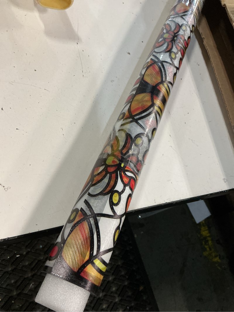 Condition photo showing As Is for 3d vintage stained glass window film with tools, decorative window privacy film for room/door/home decor, amber tracery, 34.65"x78.74"(88x200cm) amber tracery 88x200cm(34.65"x78.74")