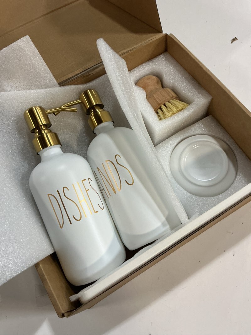 Condition photo showing Good Condition for MOMEEMO Gold Soap Dispenser Set Comes with Stainless Steel Pumps, Instant Dry Tray, and Dish Scrub Brush, Suitable for Kitchen Decor and Accessories. (Gold) Gold1