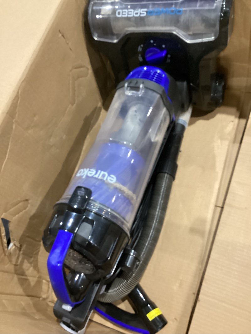 Condition photo showing As Is for eureka lightweight powerful upright vacuum cleaner for carpet and hard floor, powerspeed, new model,blue,black/new model